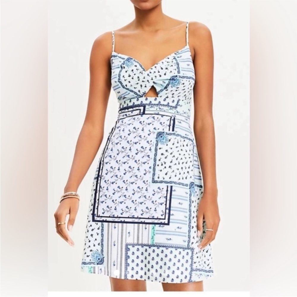 Loft Patchwork Twist Cutout Cami blue white patterned cotton blend dress size 6
